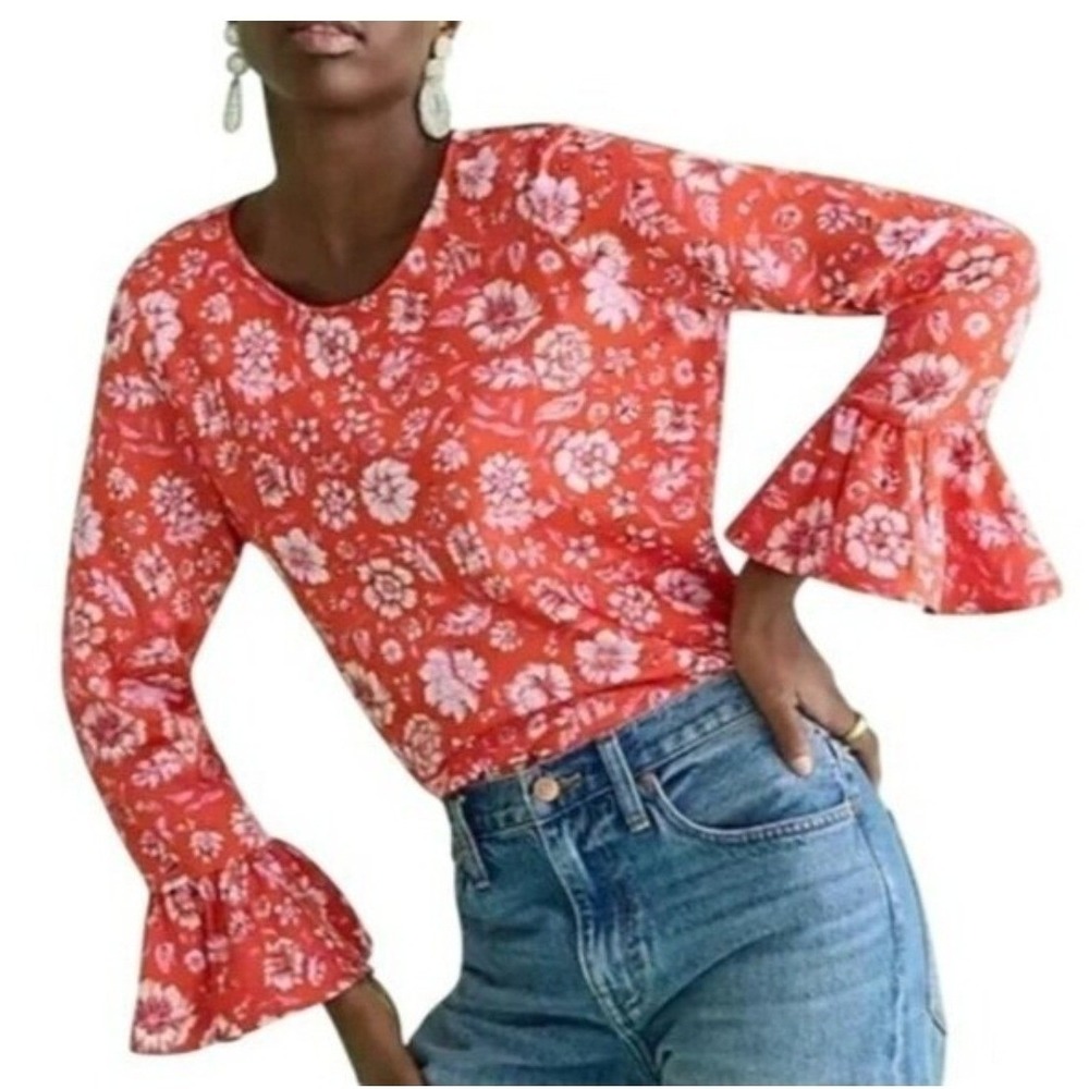 J. Crew Winter Garden Top Large Red Poppy Fields Floral Ruffle Sleeve Coquette